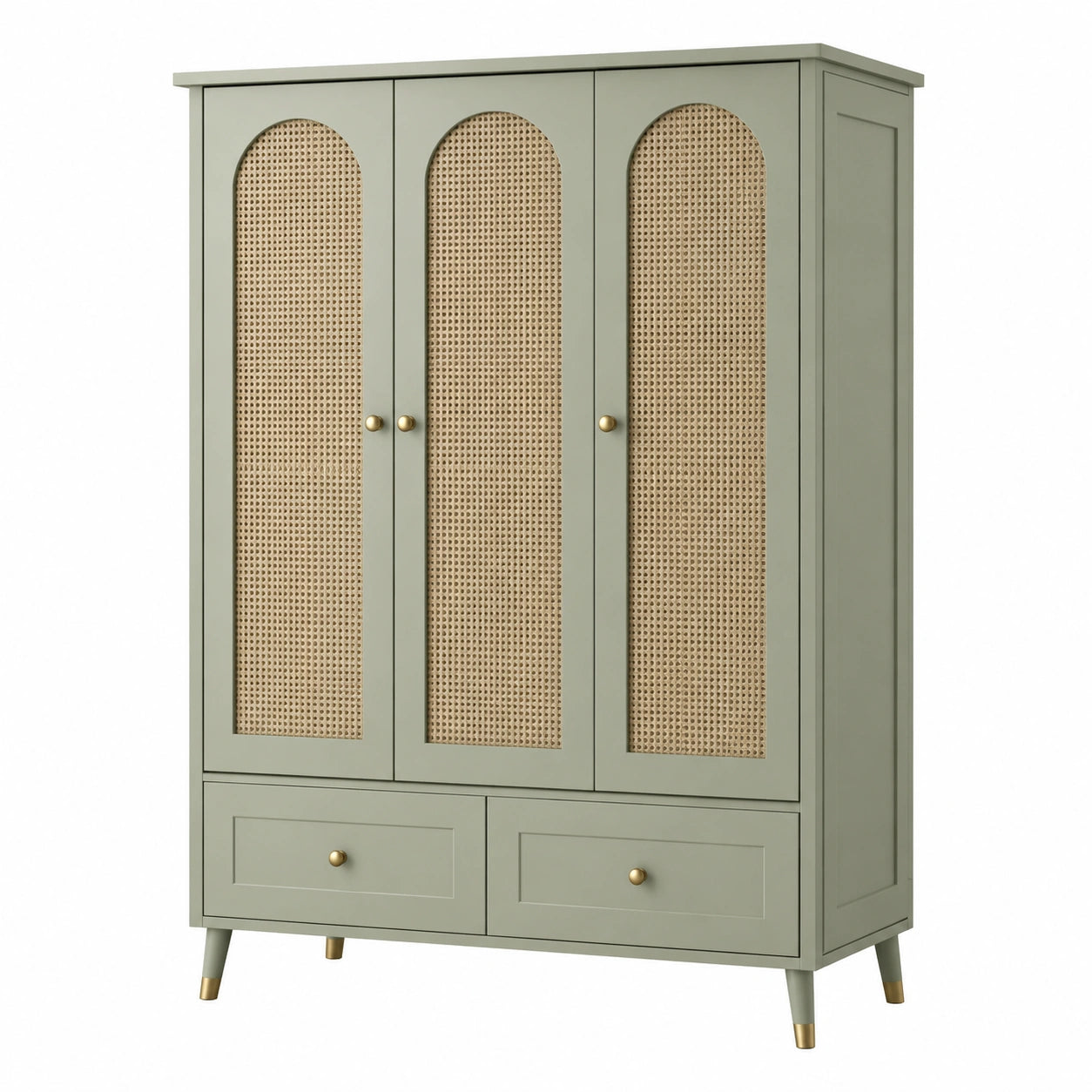 Armario de madera con puertas de ratán y dos cajones verde