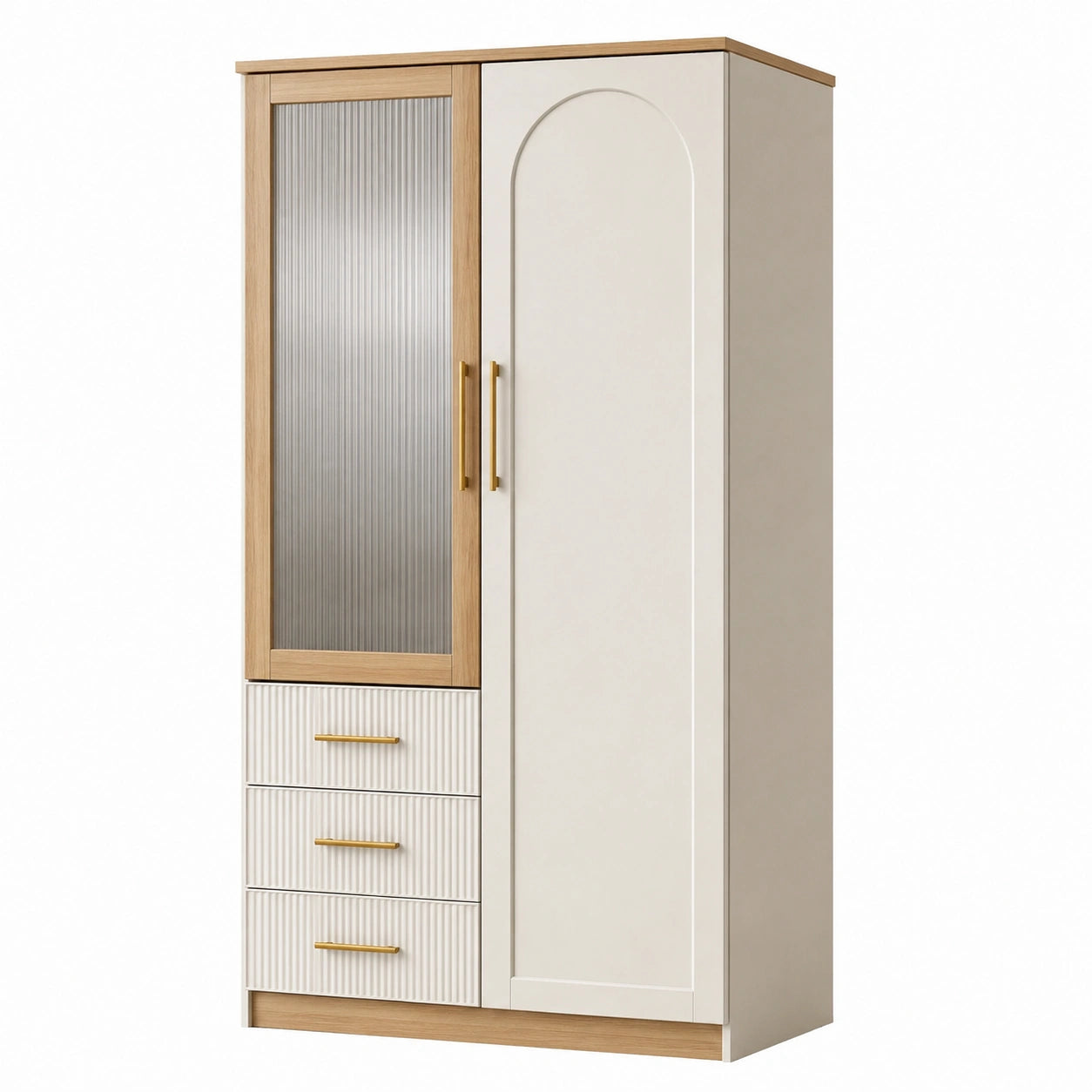 Armario de MDF y Vidrio Templado con Puertas y Cajones Blanco/Roble