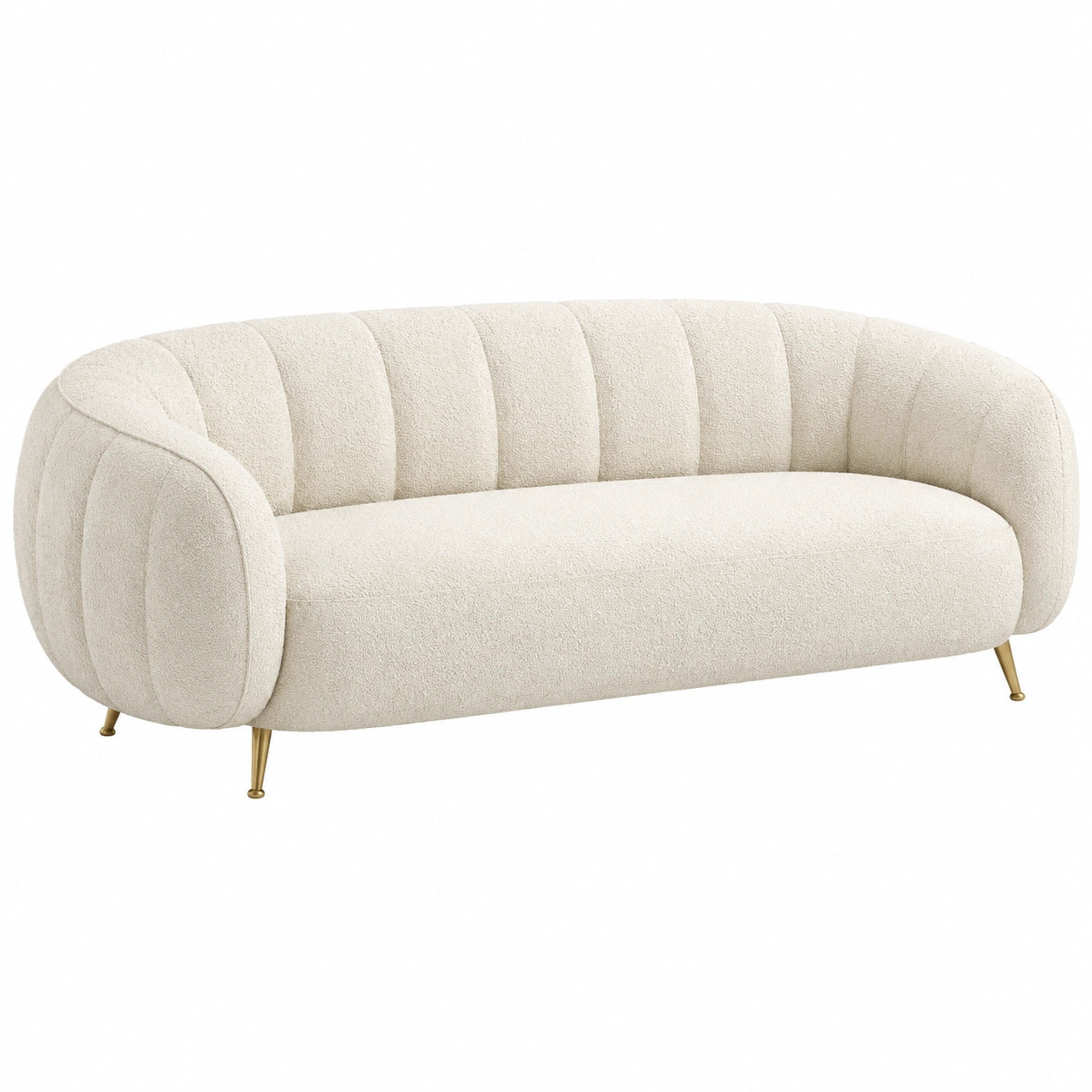 Sofá de tela tipo chenille beige con patas metálicas doradas