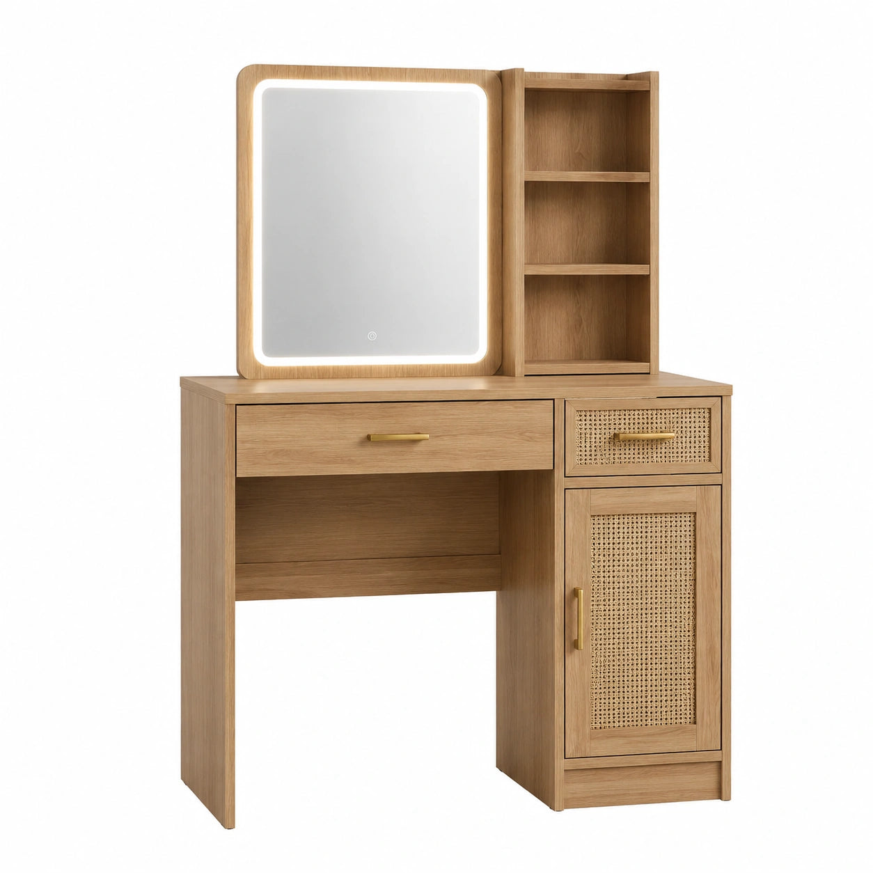 Tocador de madera de roble con espejo LED y almacenaje