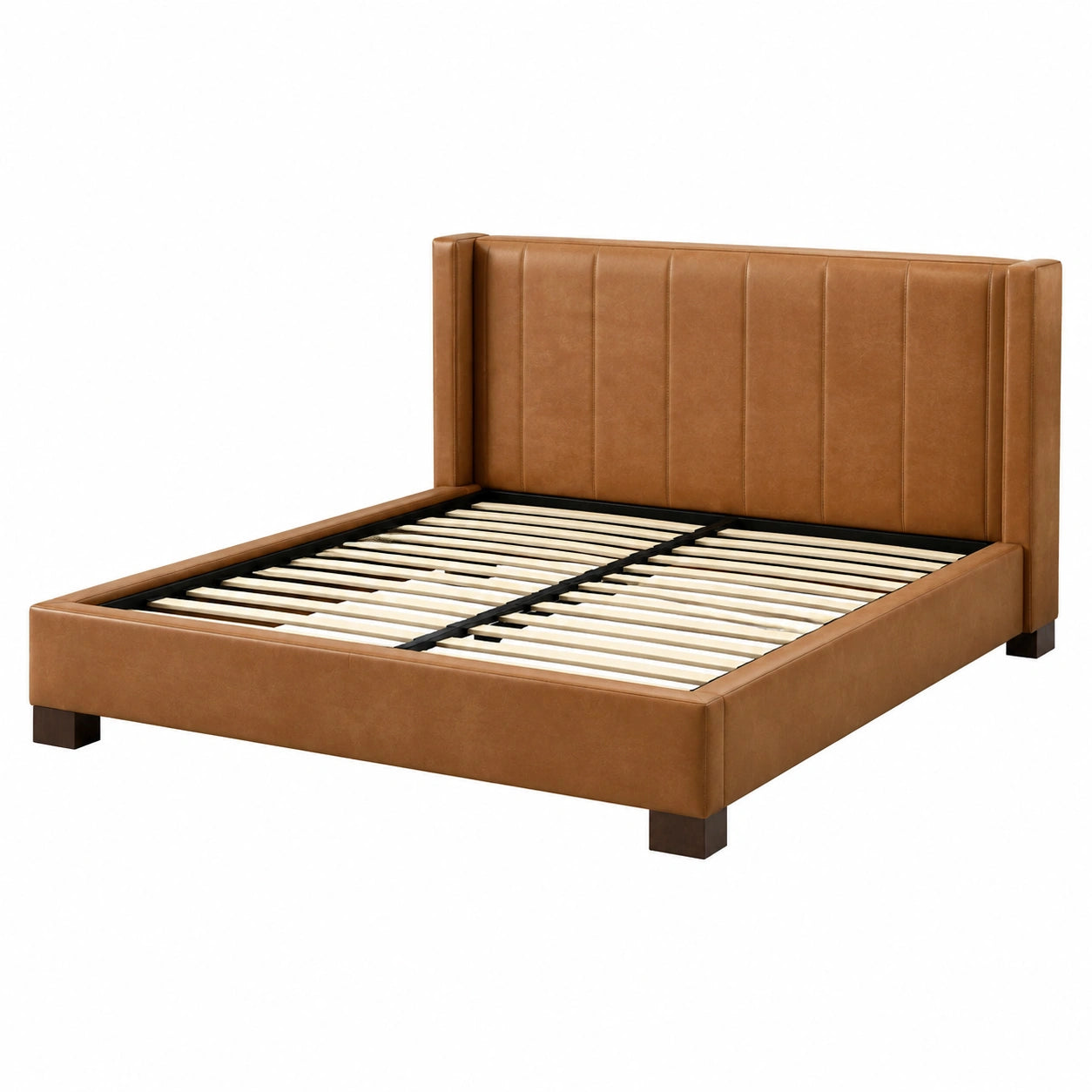 Cama doble de cuero sintético marrón con estructura de madera