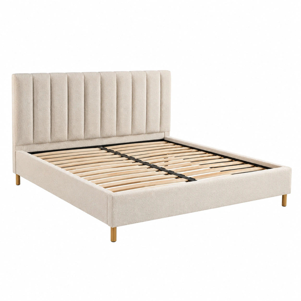 Cama doble tapizada en poliéster beige con patas de madera 200x160 cm
