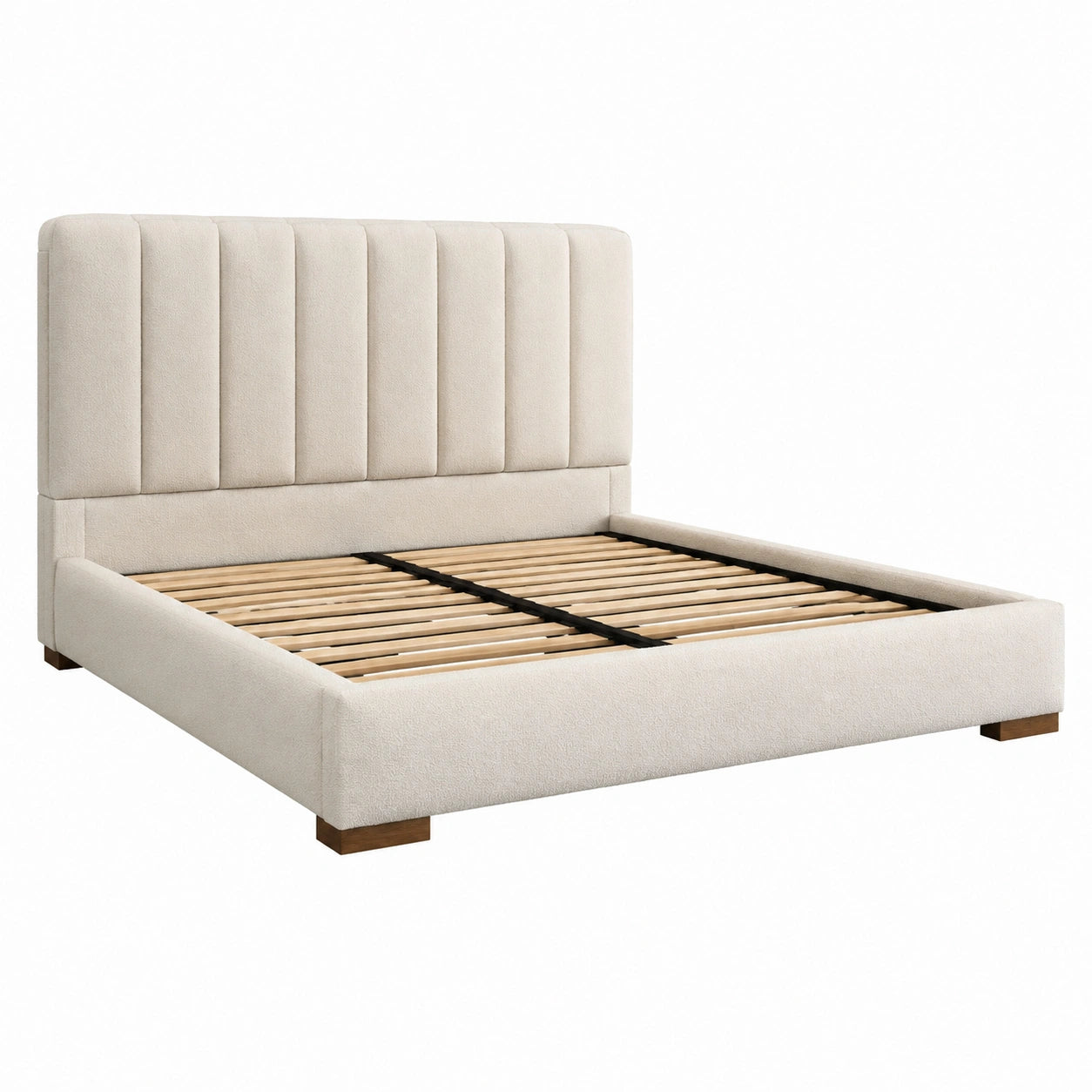 Cama doble beige de madera y poliéster con cabecero acolchado 200x180 cm
