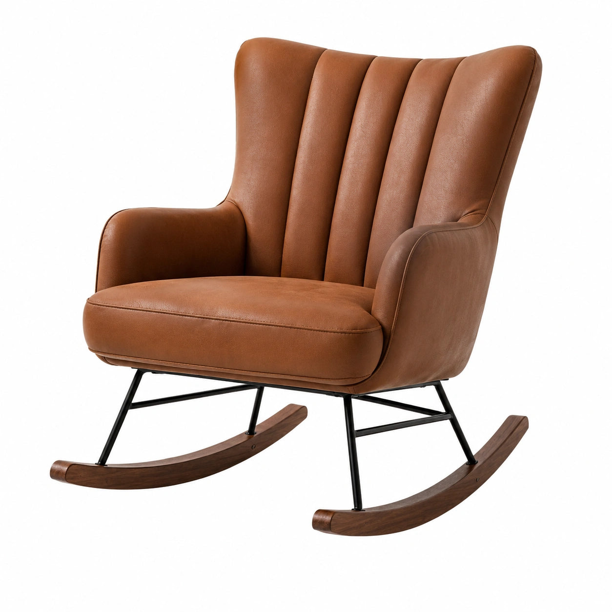 Mecedora de piel sintética café con estructura de metal y patas de madera