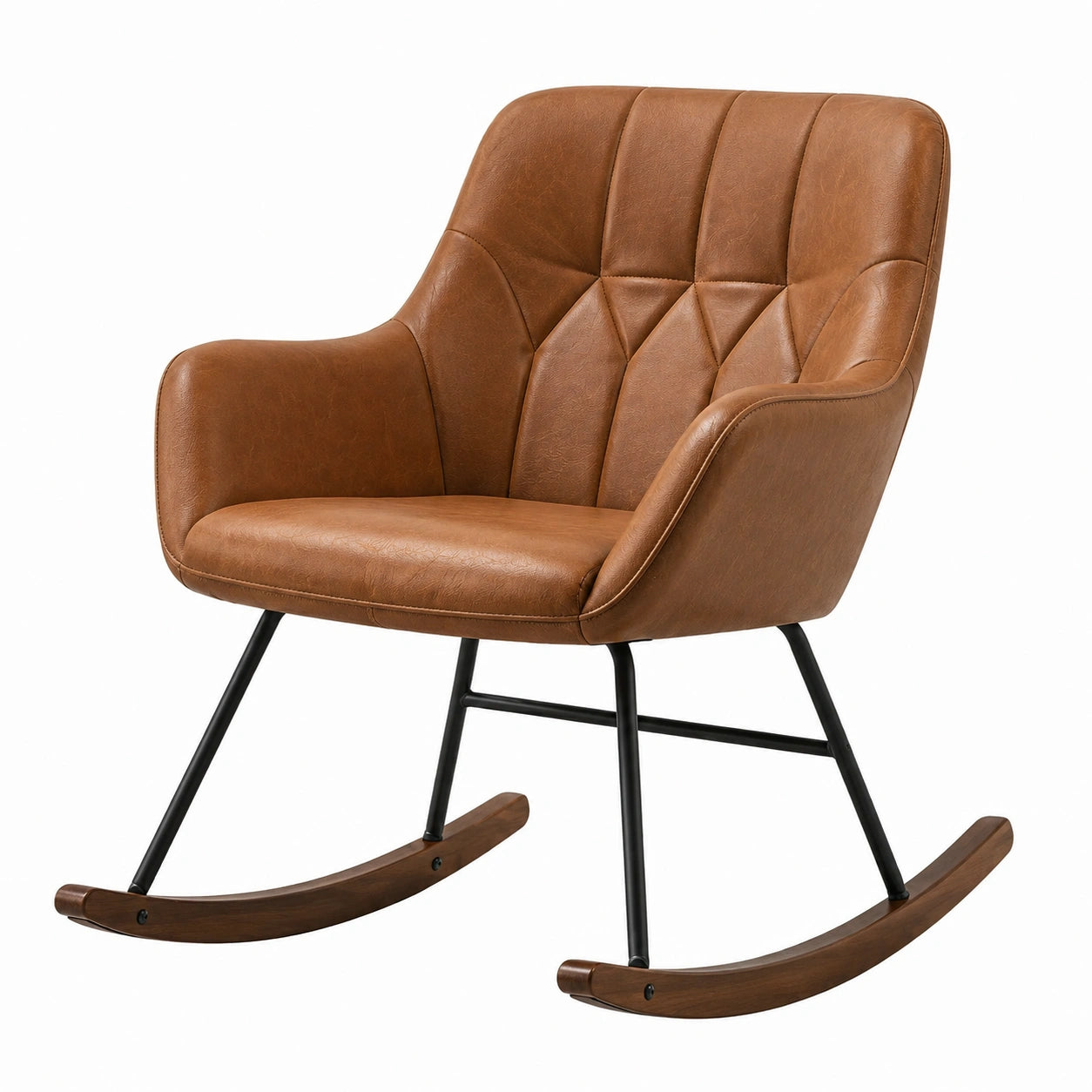 Mecedora de cuero sintético marrón con patas de metal y base de madera