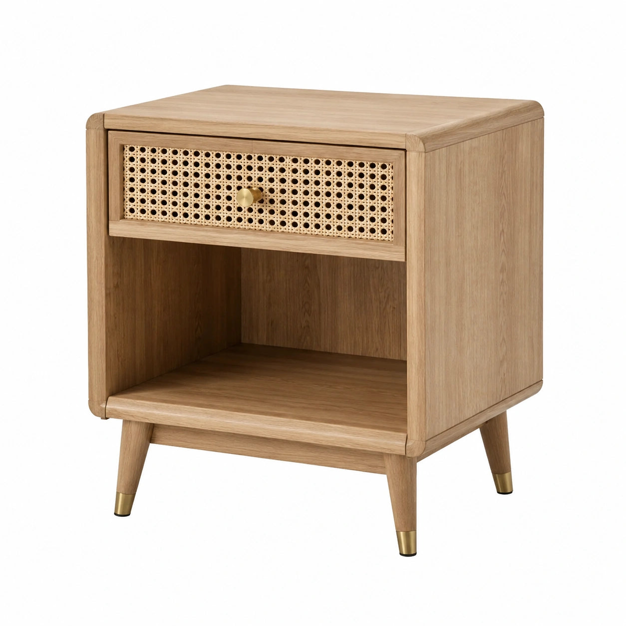 Mesita de noche de madera y ratán con cajón