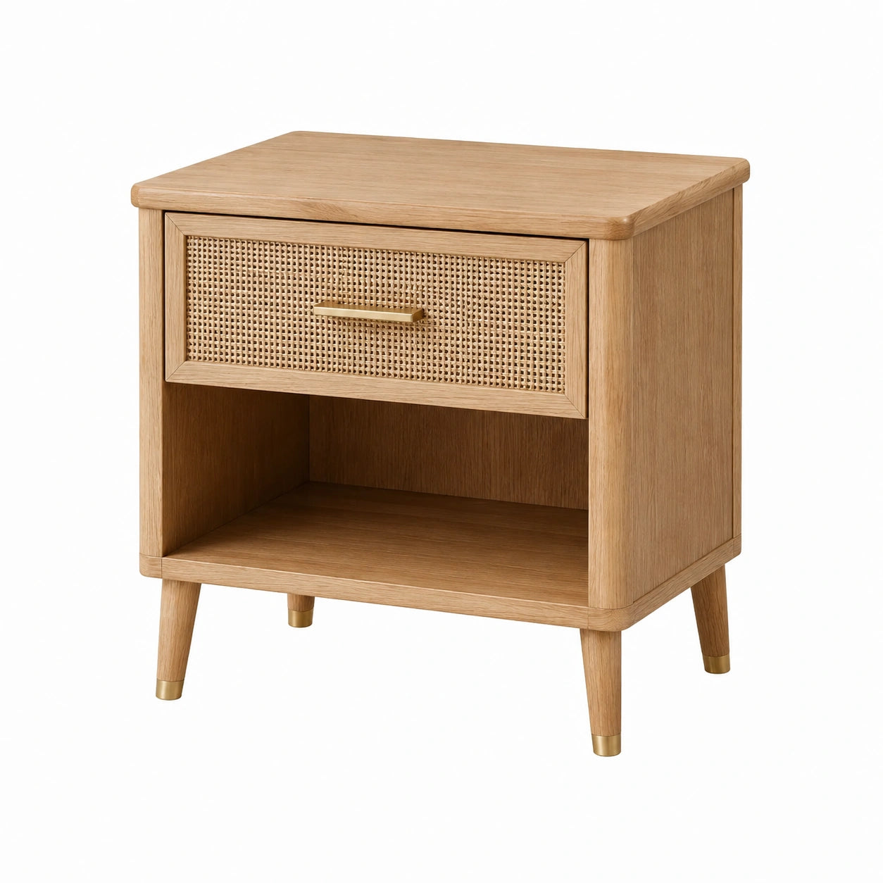 Mesita de noche de madera de roble y ratán marrón