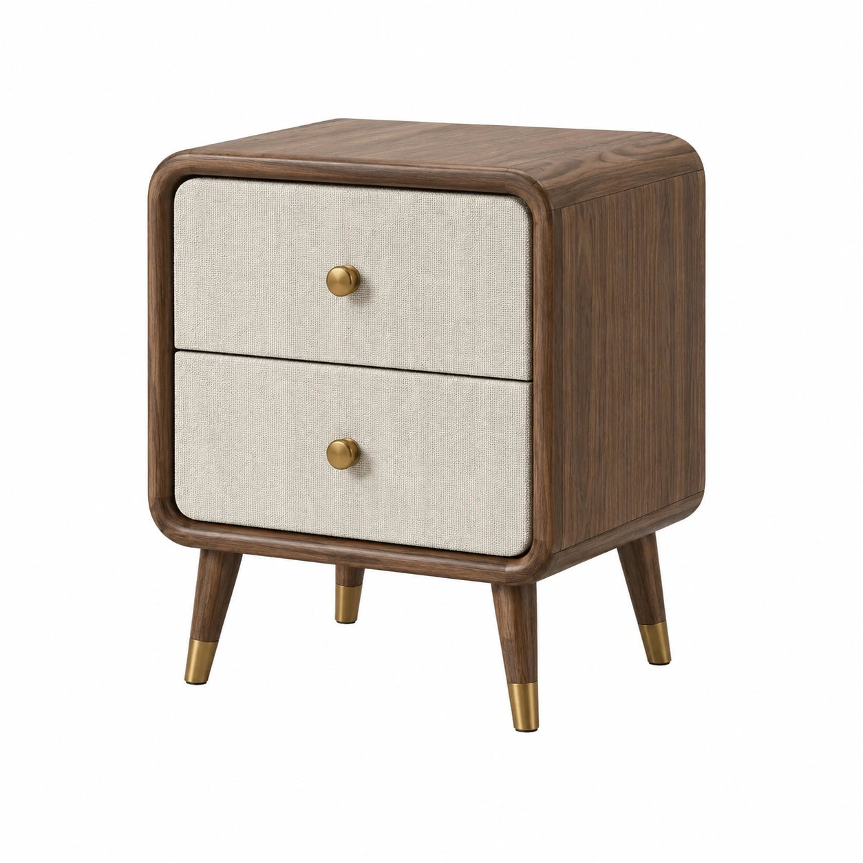 Mesita de noche de madera con cajones de lino beige