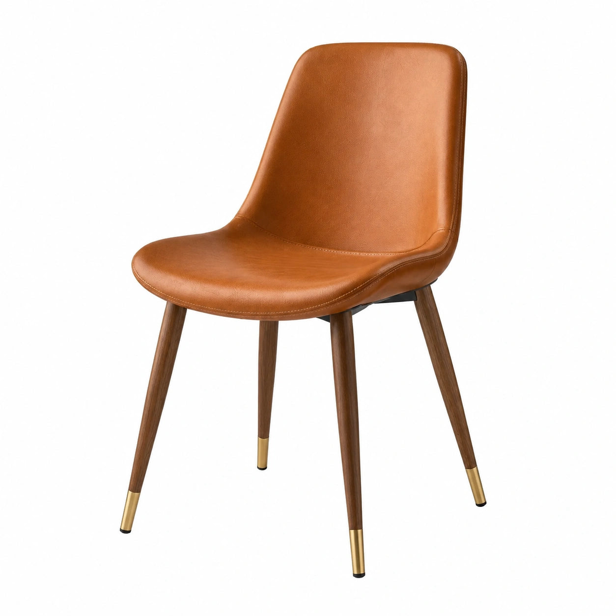 Silla de piel sintética marrón con patas de madera de nogal y detalles dorados 85 cm