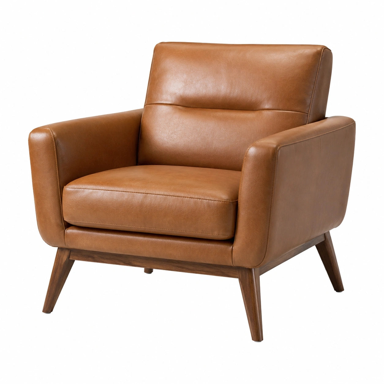 Sillón de cuero marrón con patas de madera