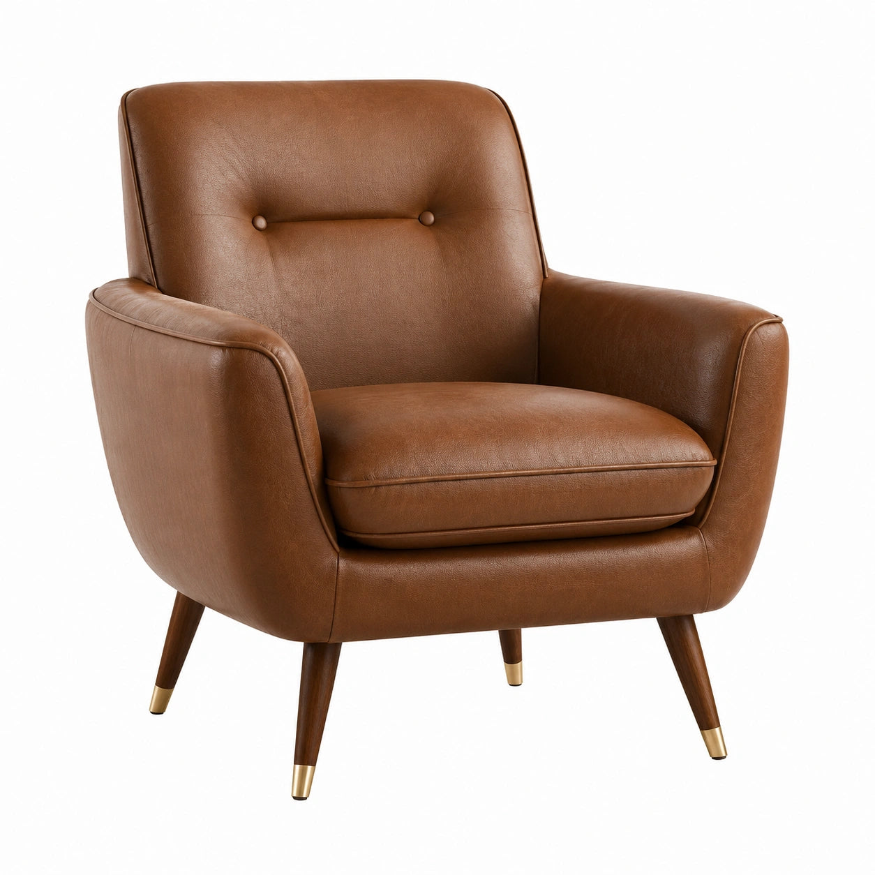 Sillón de piel sintética marrón con patas de madera y metal