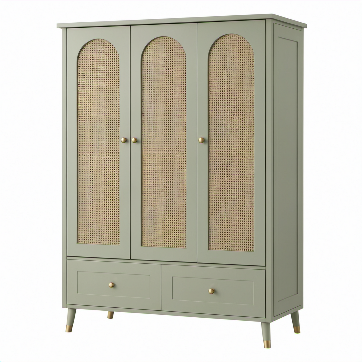 Armario de madera con puertas de ratán y dos cajones verde