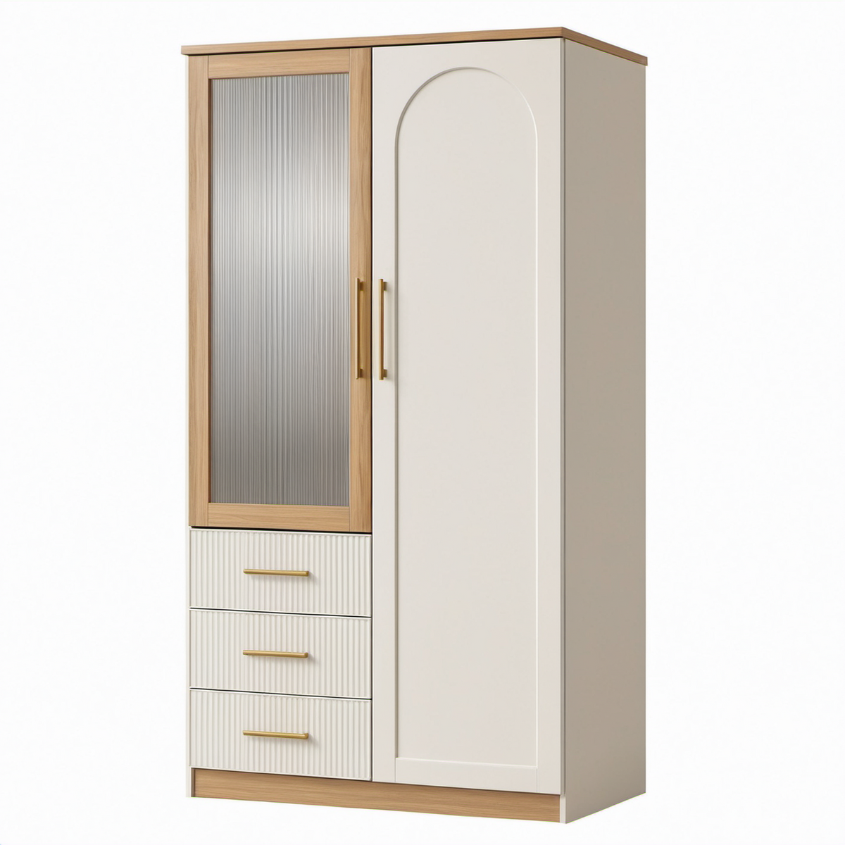 Armario de MDF y Vidrio Templado con Puertas y Cajones Blanco/Roble