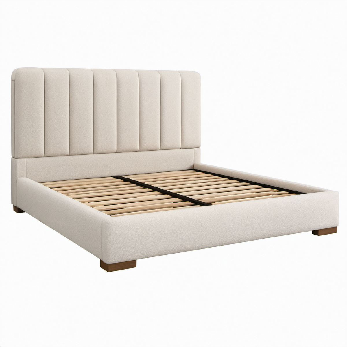 Cama doble beige de madera y poliéster con cabecero acolchado 200x180 cm