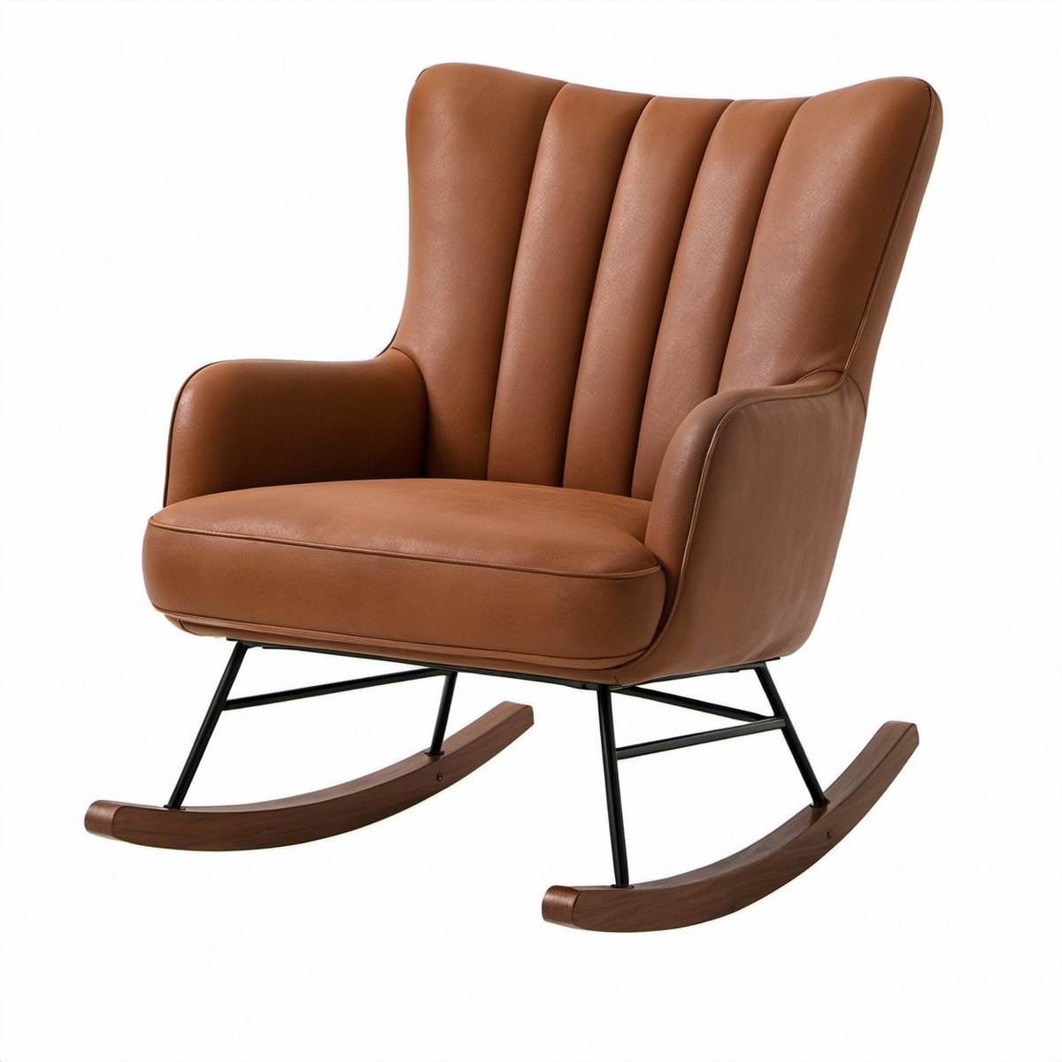 Mecedora de piel sintética café con estructura de metal y patas de madera