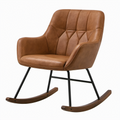 Mecedora de cuero sintético marrón con patas de metal y base de madera
