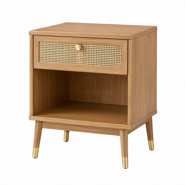 Mesita de noche de madera y ratán con patas doradas 40x30x55 cm