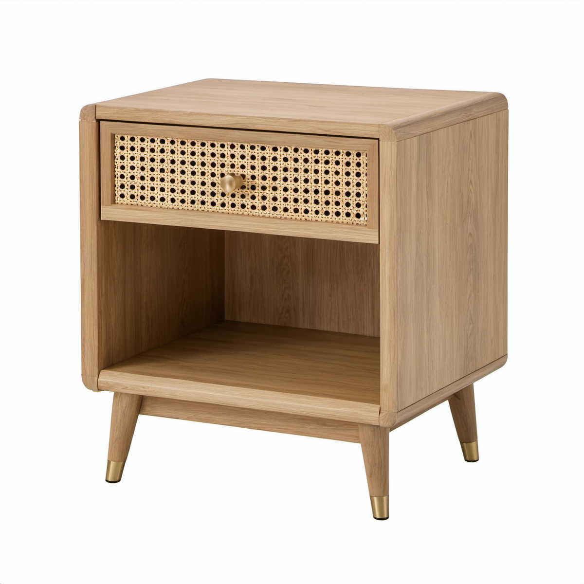 Mesita de noche de madera y ratán con cajón