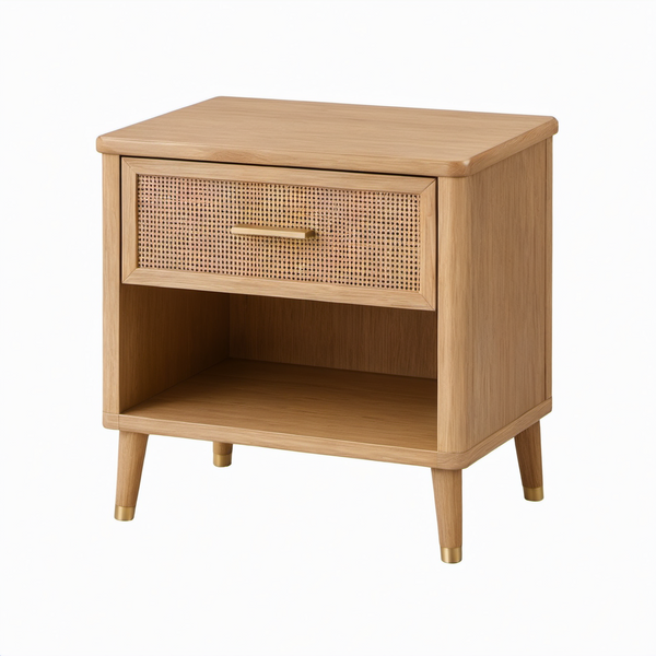 Mesita de noche de madera de roble y ratán marrón