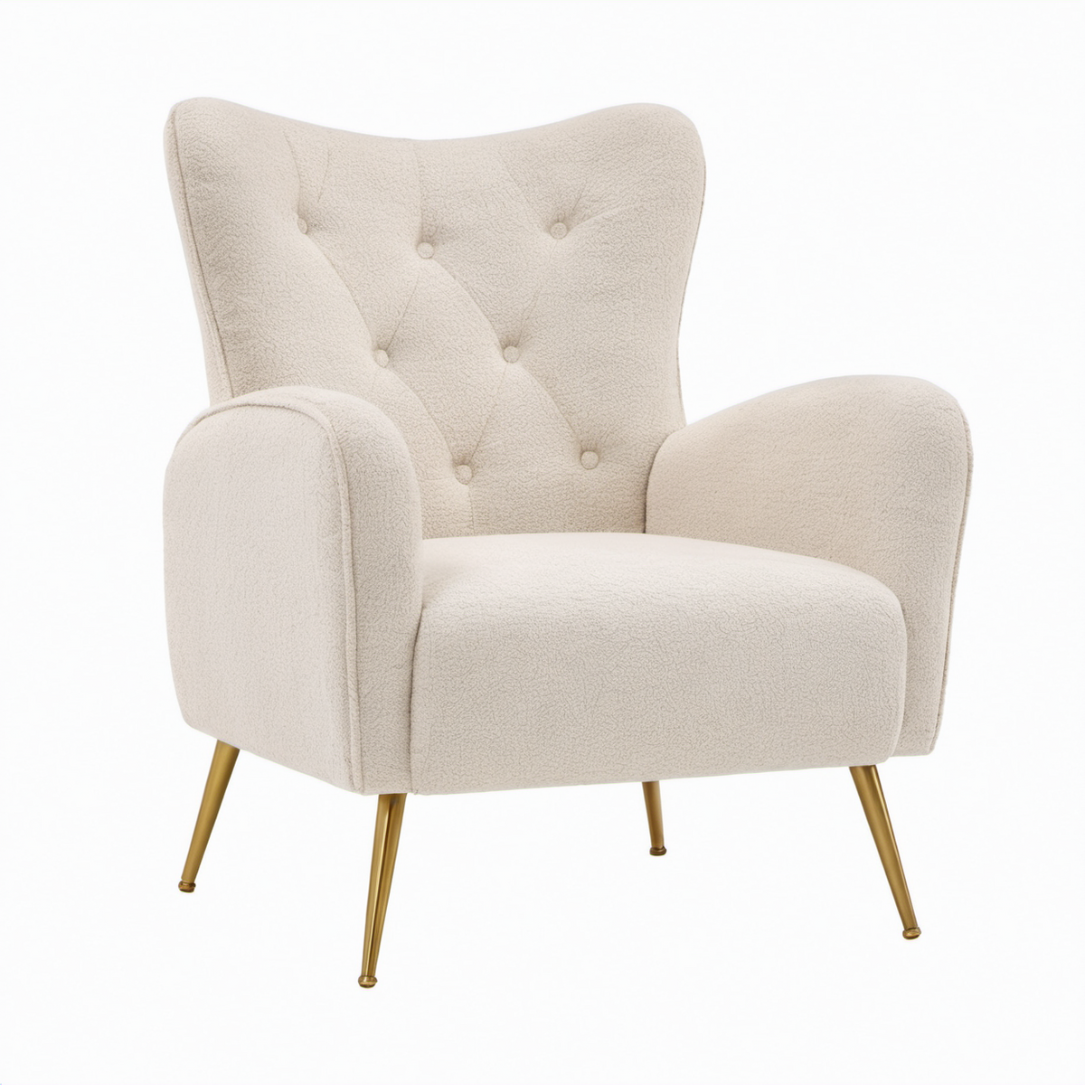 Sillón de tela bouclé beige con patas de acero dorado