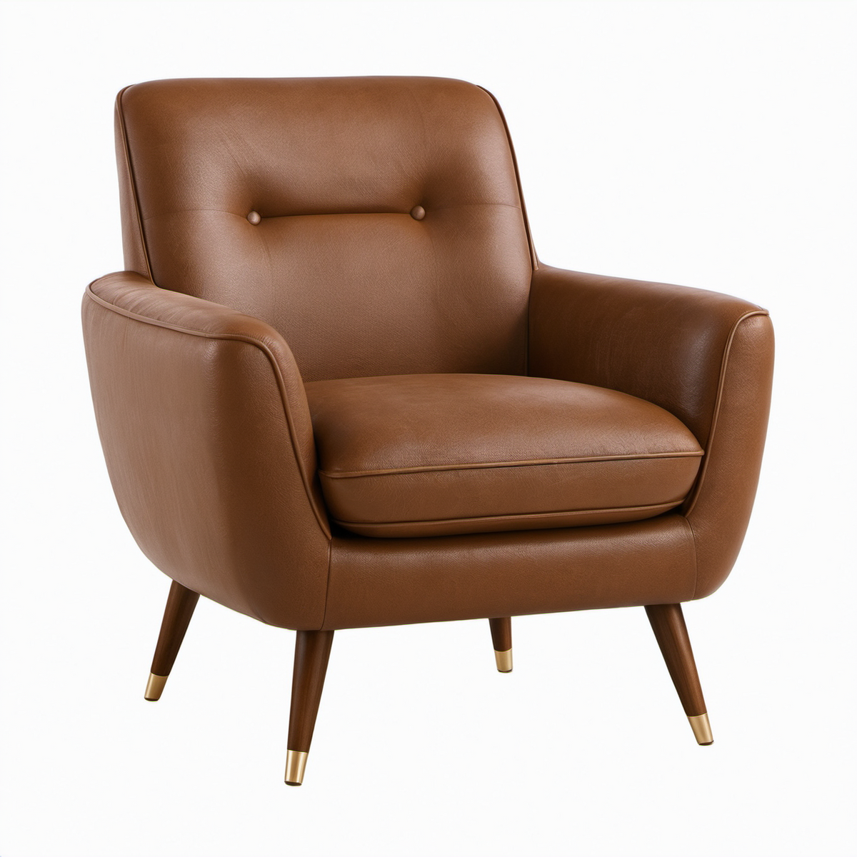Sillón de piel sintética marrón con patas de madera y metal