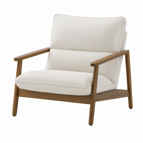 Sillón con estructura de madera y tapizado en tela crema